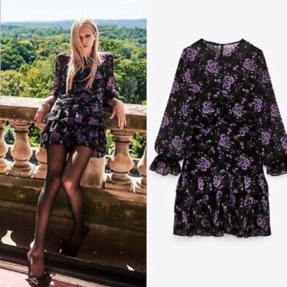 Zara Black Mini Dress with Purple Floral Print